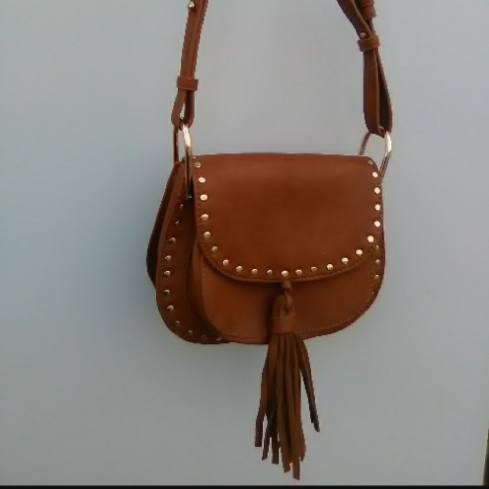 Studded faux leather fringe tassel crossbody bag